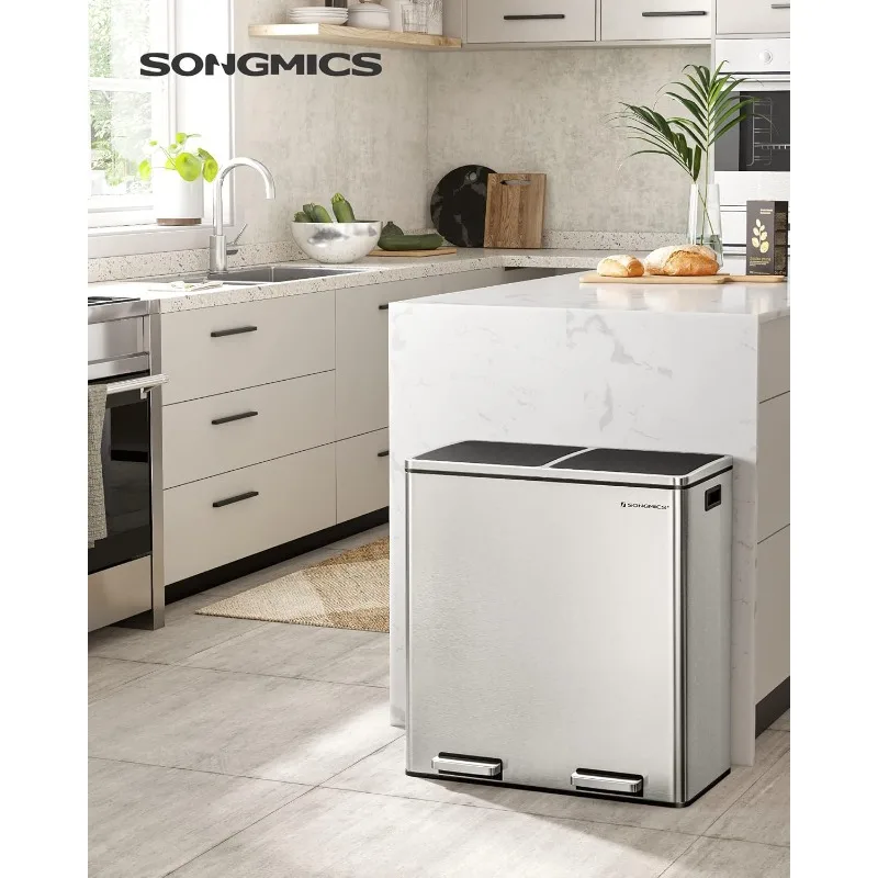 SONGMICS Trash Can, 2 x 8 Gallon (2 x 30 L) Garbage Can for Kitchen, with 15 Trash Bags, 2 Compartments, Plastic Inner Buckets