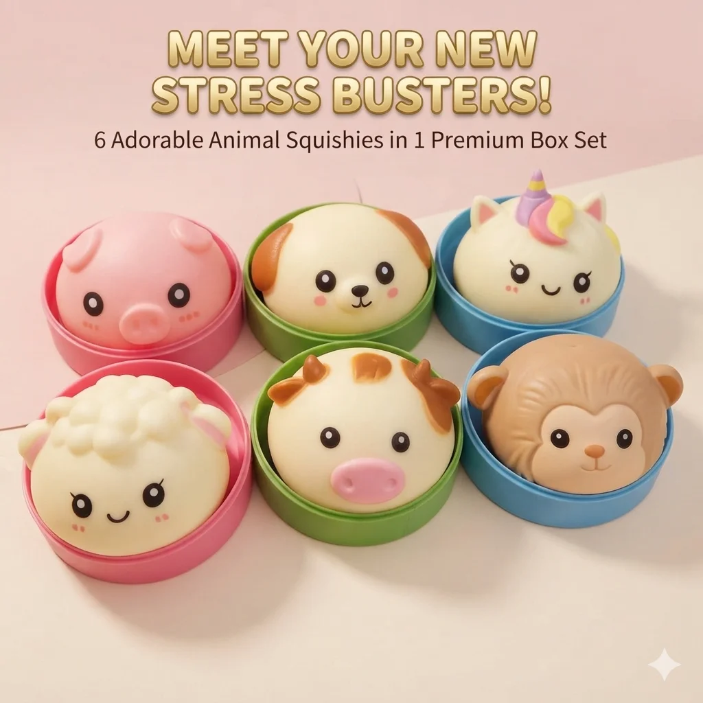 6pcs mix 8.5cm TPR Animal Bun Squishy Toy, Cute Unicorn Stress Relief Squeeze Soft Slow Rising Kawaii Fidget, Gift For Kids Adul