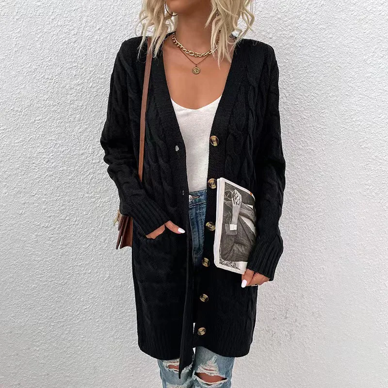 

High quality Women Solid color Long Sleeve Cable Knit Long Cardigan Open Front Button Sweater Outerwear with Pockets