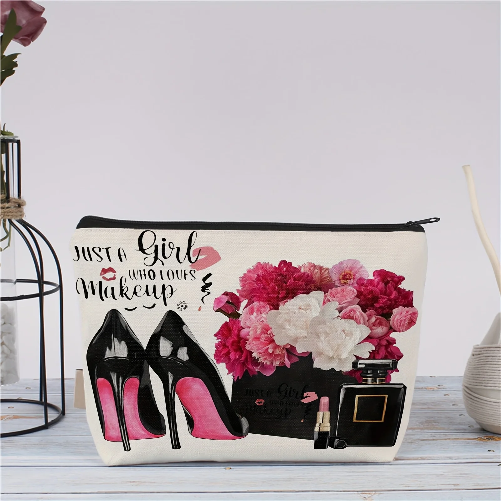 A Black high heel shoes perfume lipstick makeup bag - women's cute multifunctional zipper pouch