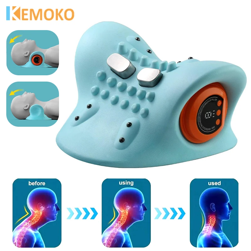 Electric Neck Stretche Massager EMS Pulse Cervical Traction Relax Heating Chiropractic Traction Warm Vibration Massage Pillow