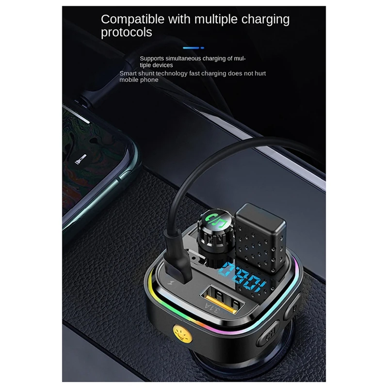 Bluetooth 5.0 FM Transmitter Car Radio Modulator MP3 Player With Colorful Atmosphere Breathing Light PD+USB Fast Charge Durable