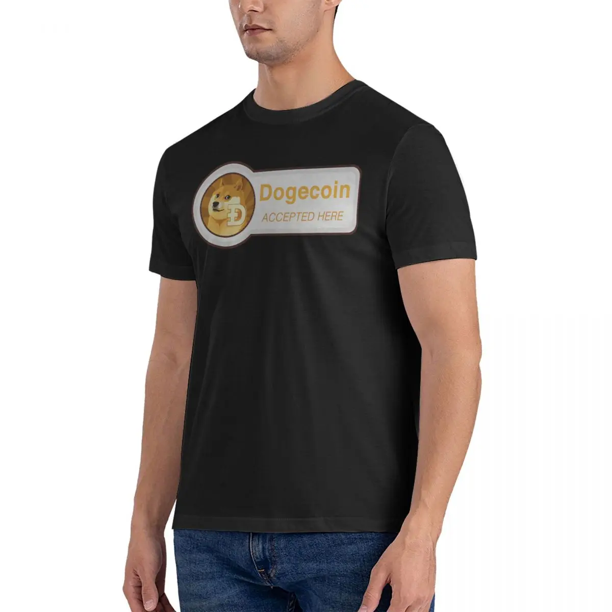 Accepted Here T Shirts Men's 100% Cotton Funny T-Shirts Round Collar Dogecoin Tee Shirt Short Sleeve Tops Graphic