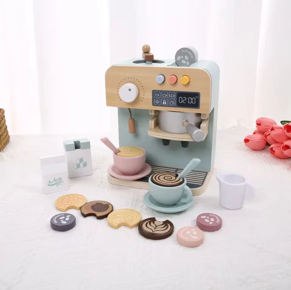 Wooden Pretend Play Kitchen Set for Kid - Simulated Coffee Machine and Afternoon Tea Role-Playing Accessories