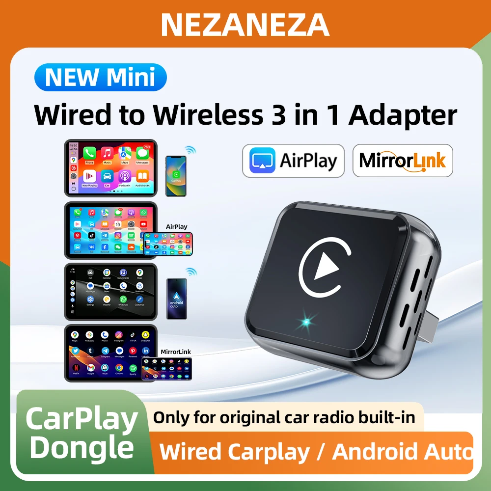 

Многофункциональный беспроводной адаптер 4-в-1 для CarPlay и Android Auto с поддержкой AirPlay, Miracast, Bluetooth 5.0, Wi-Fi и голосового помощника (преобразует проводное подключение в беспроводное)