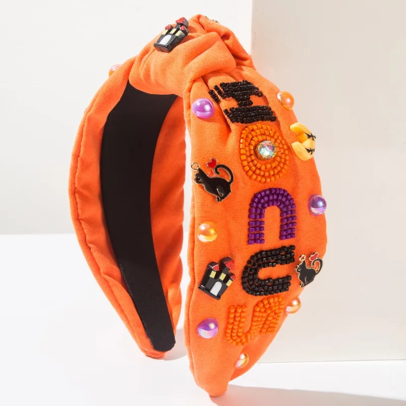 

1PCS/ Beaded Knotted Headband for Women Hocus Cat Moon House Rhinestone Crystal Halloween Costume Comfy Top Knot