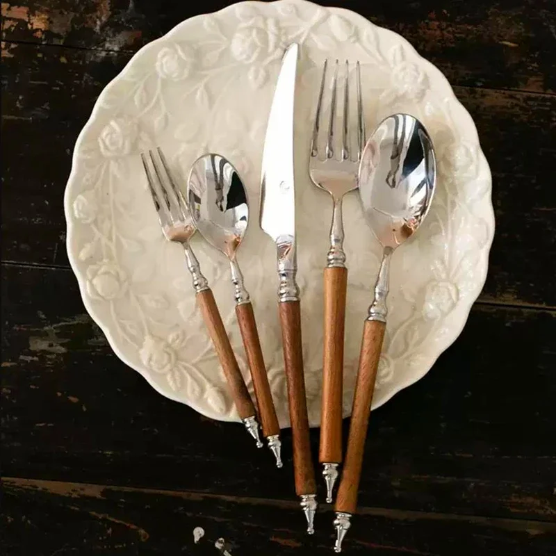 OUT OF STOCK!!!   Super Quality 18/10 Stainless Steel Knife Fork Party Cutlery Set Silver Dinnerware Set Nature Wooden Handle