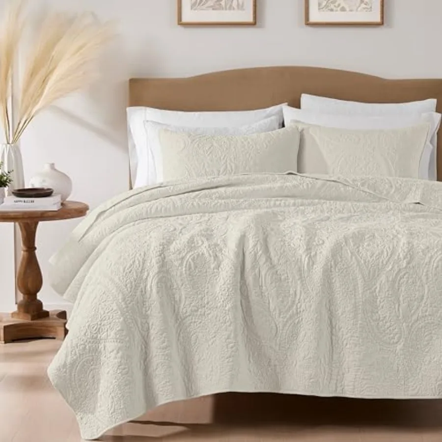 

Beige Paisley 100% Cotton Quilt Size Bedding Sets with 2 Pillow Shams Boho Floral Lightweight Farmhouse Country Vintage Soft Be