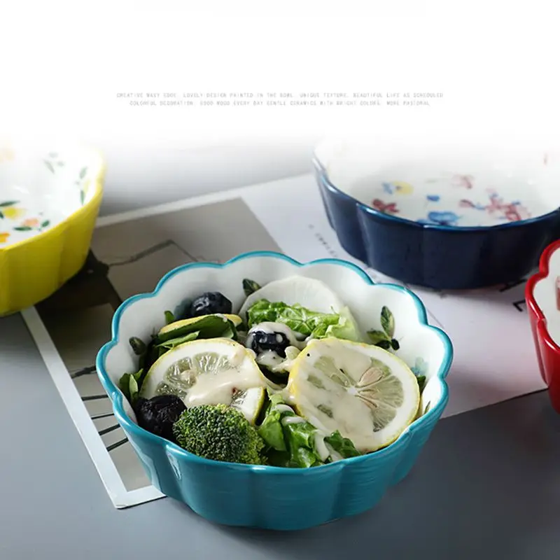 1PC Thicken Ceramic Salad Bowl Petal shape Porcelain Bowls Soup Bowl Children Rice Dessert Bowl Household Tableware