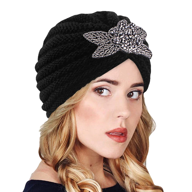 New Women\'s Rhinestone Flower Handmade Knitted Turban Outdoor Acrylic Beanie Cap Elastic Head Wraps Coldproof Warm Knit Hats