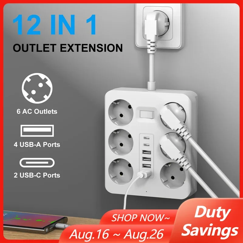 12-in-1 Surge Protection Power Strip with Switch Multi-functional Socket with 6 AC Outlets+USB-A Ports+2 Type-C for Home Office