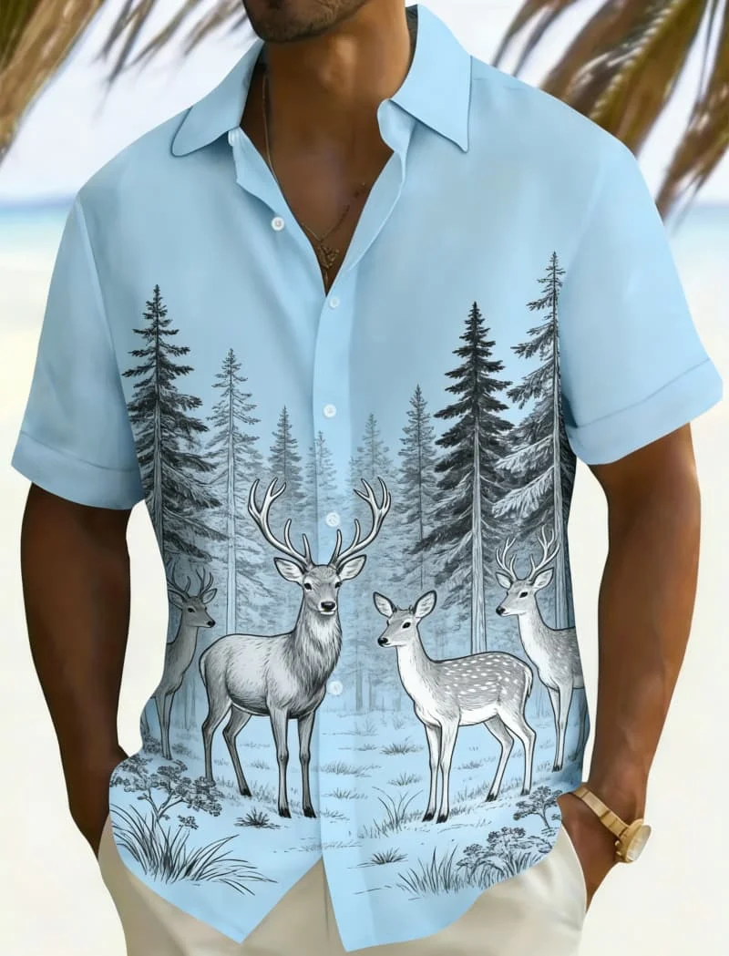 Men's Stylish Adventure & Landscape Print Short Sleeve Shirt, Lightweight Comfort for Summer Beach Party and Casual Looks