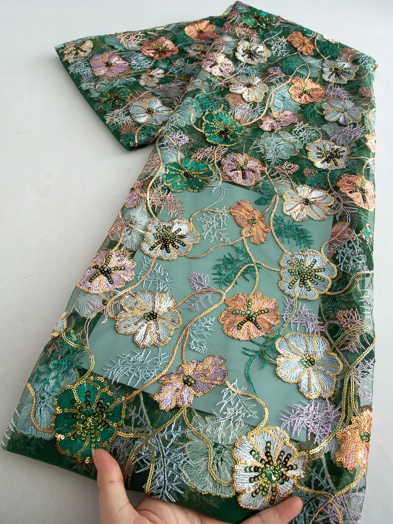 

African Mesh Lace Fabric High Quality Nigerian French Embroidered Tulle Lace Fabrics With Sequins Women For Wedding Dress,5yards