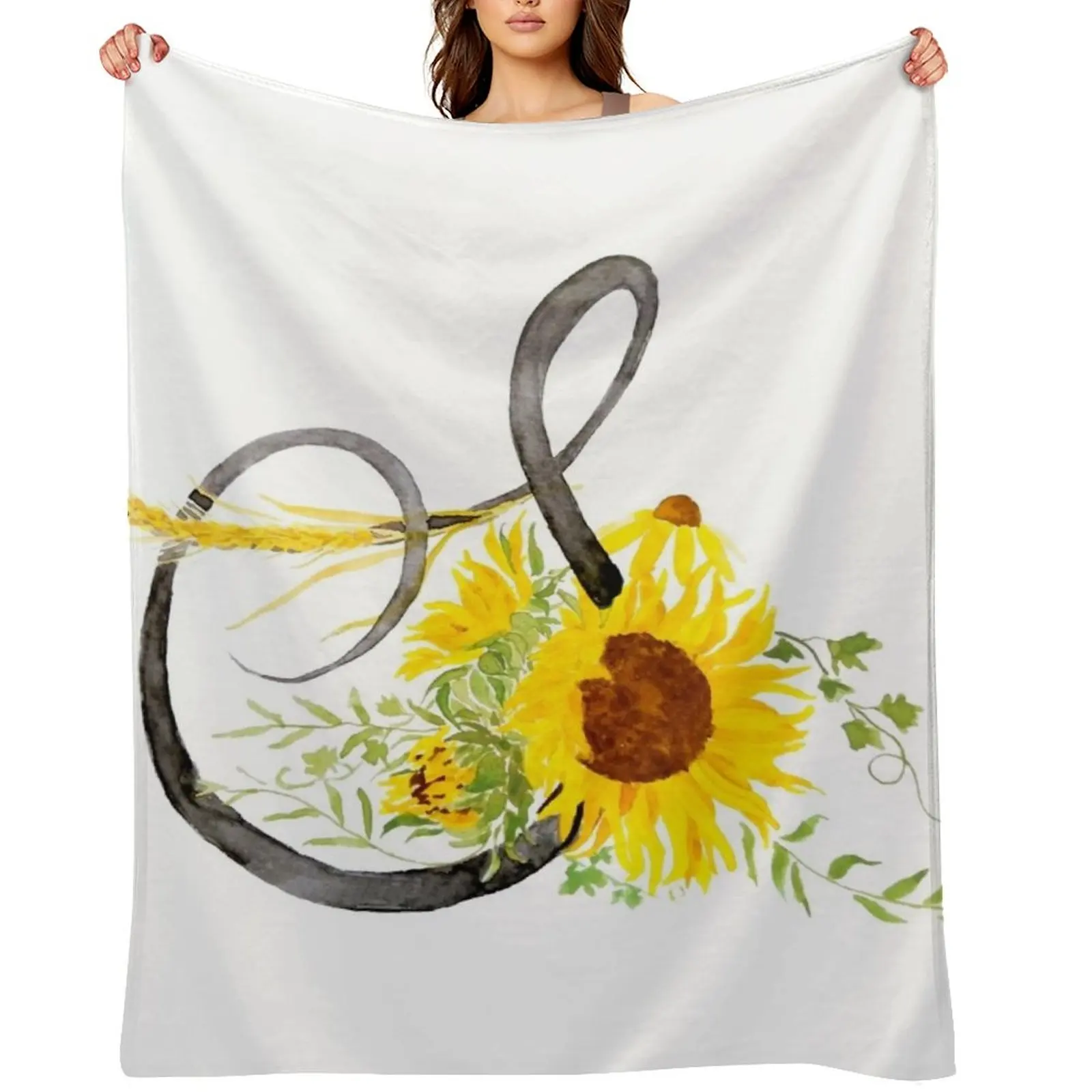 

letter S calligraphy sunflower watercolor Throw Blanket Thermals For Travel Beach valentine gift ideas Soft Plush Plaid Blankets