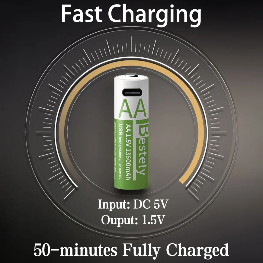 AA 1.5V 13600mAh USB-C Li-ion Rechargeable Battery Long Lasting Fast Charge Over 2000 Cycle Akku for Control Mouse alarms clock