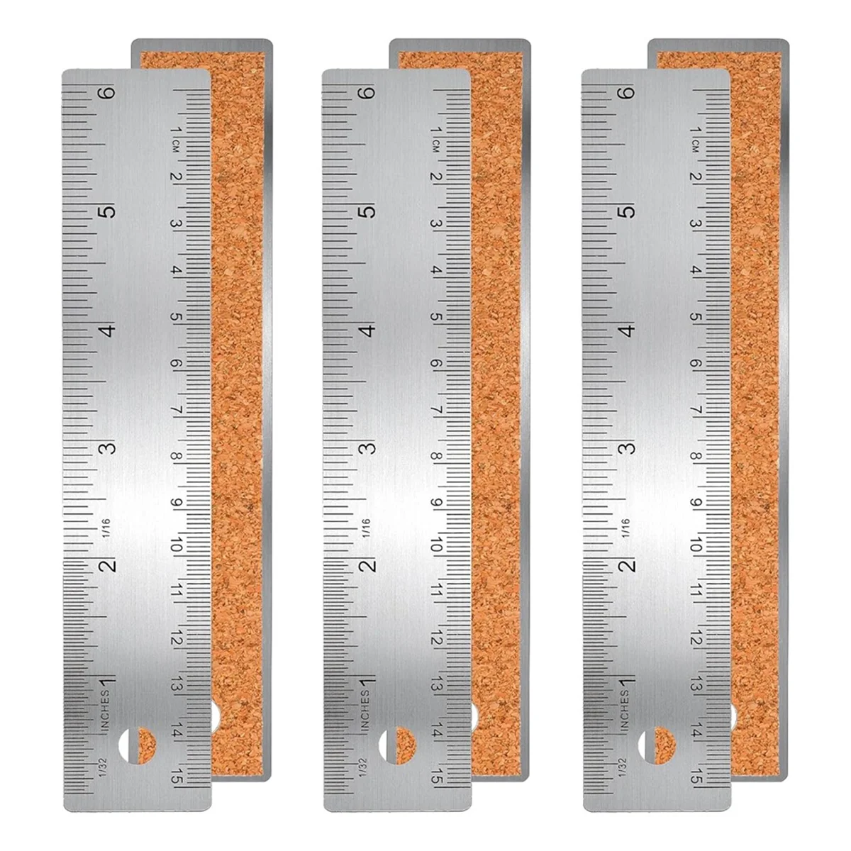 A002 3 Pcs 6-Inch Non-Slip Metal Ruler with Cork Backing Rulers Non Slip Straight Edge Cork Base Rulers for Woodworking