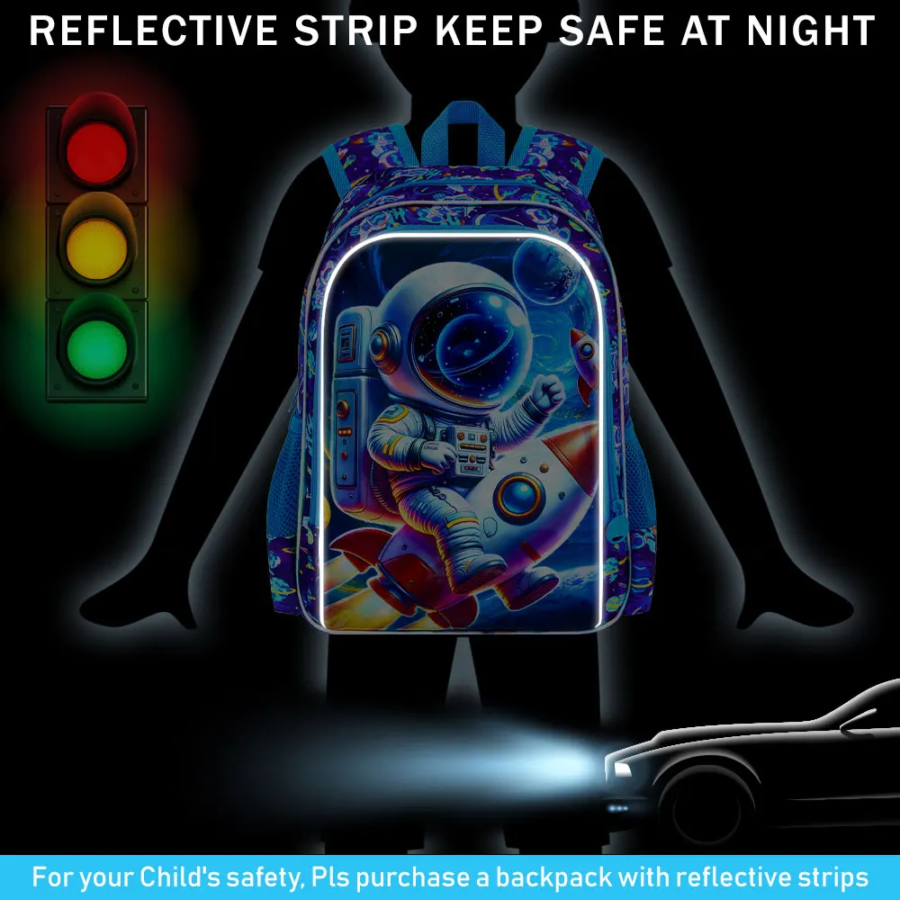 3 قطع حقائب ظهر للأولاد، حقيبة كتب للأطفال مقاس 16 بوصة مقاومة للماء للأولاد، حقيبة ظهر خفيفة الوزن مع صندوق غداء - صاروخ رواد الفضاء #4