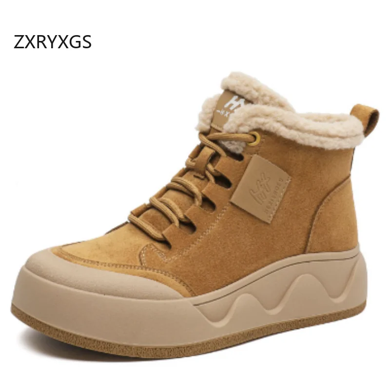 

ZXRYXGS 2025 Matte Cowhide with Velvet Warm Sneakers Fashion Casual Boots Winter Snow Boots Flat Thick Sole Women Trendy Boots
