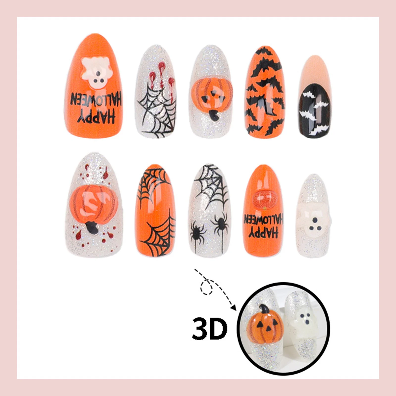 30 Stück Lustige Halloween-Press-On-Nägel mit Niedlichen Geister-, Kürbis-, Fledermaus- und Spinnennetz-Mustern, Glänzende Mandel-Form Künstliche Nägel für Partys – Detail 7
