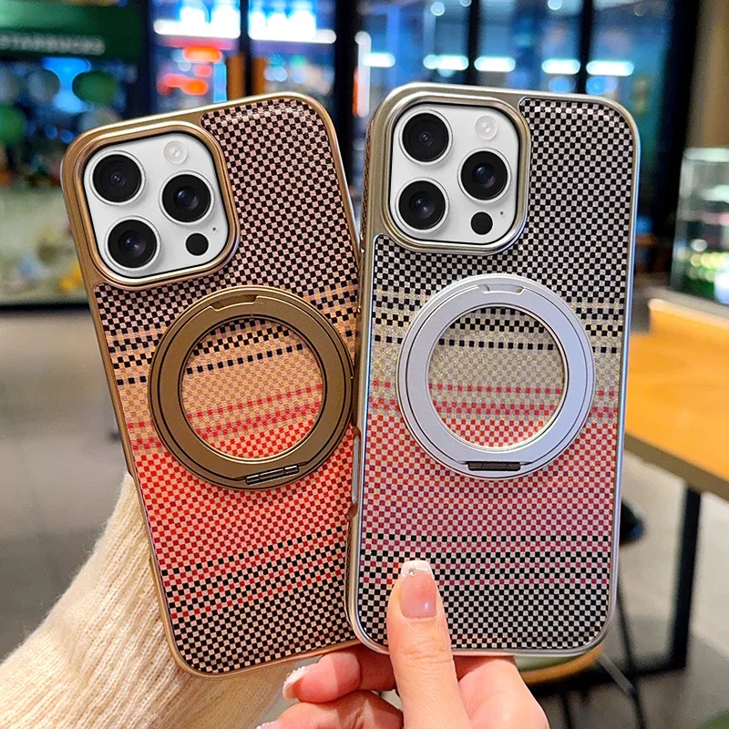 

Matte Sunset Leather Plastic Magsafe Case For iPhone 16 Pro Max 15 14 Metal 360 Rotating Ring Holder Bracket Armor Back Cover