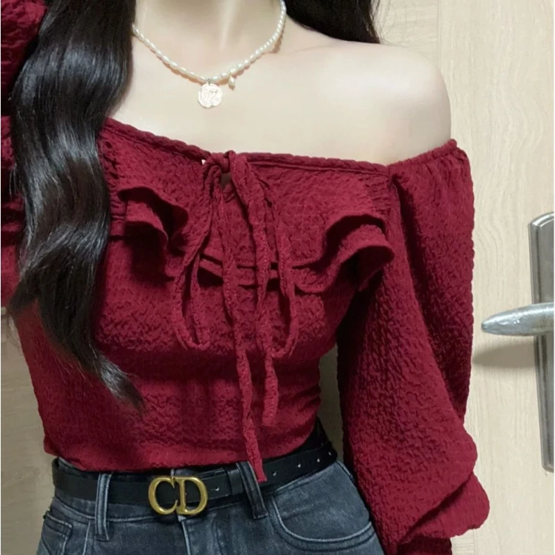 Red Blouses Lace Up Casual Vintage Elegant for Ladies Aesthetic All-match Long Sleeve Sexy Crop Tops Mujer Design Autumn Retro