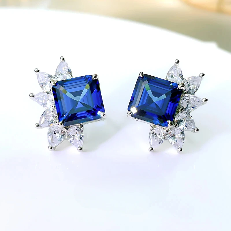 

Wholesale of Light Luxury Fat Fang Bao Blue Pure Silver Ear Studs Inlaid with High Carbon Diamond Green Wedding Jewelry