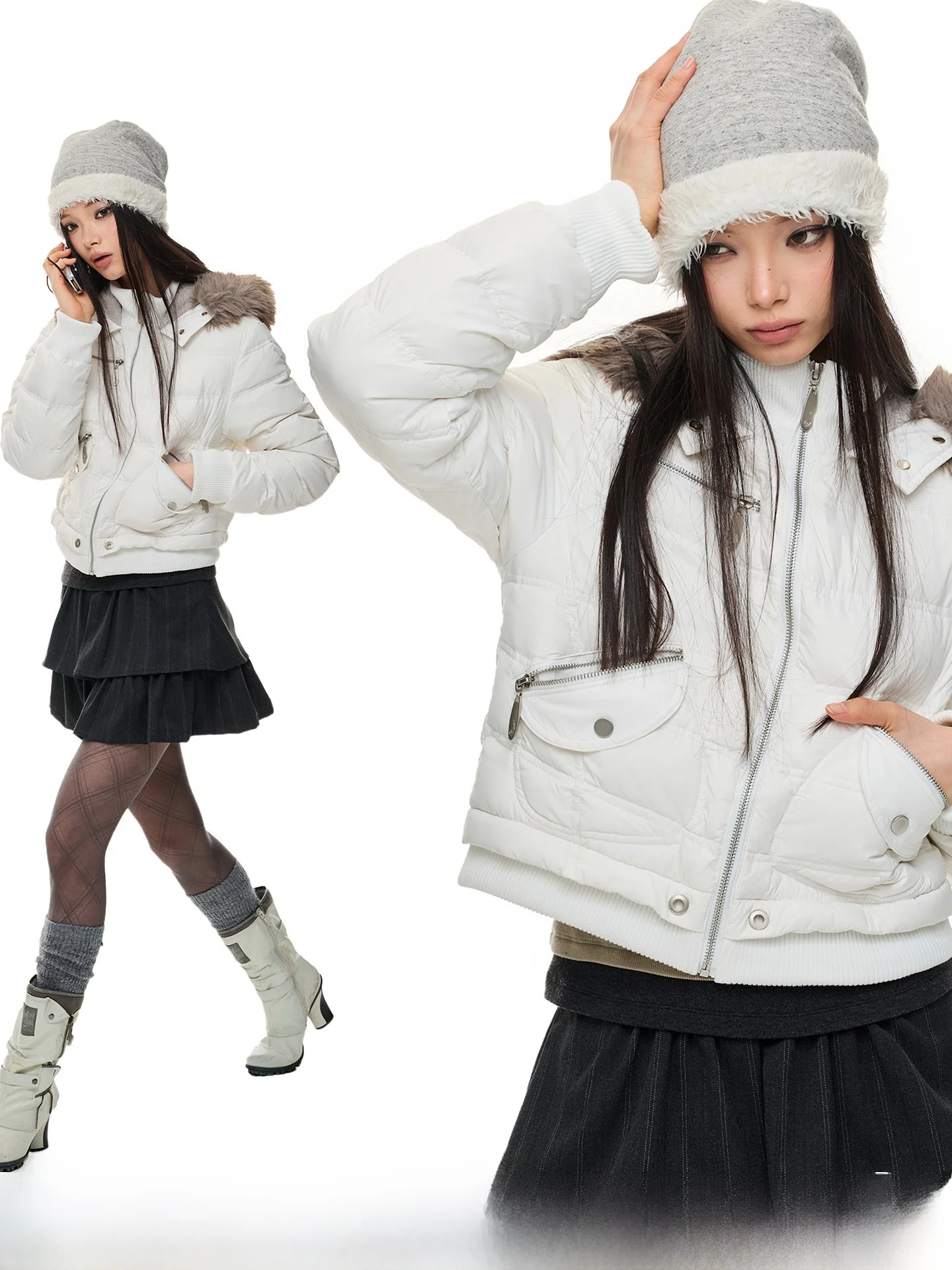 

JIKOO Sle ort Hooded down Jaet 90 White Du Heavy Work Design Early Vintage Ribs Women's Faion Casual Fit