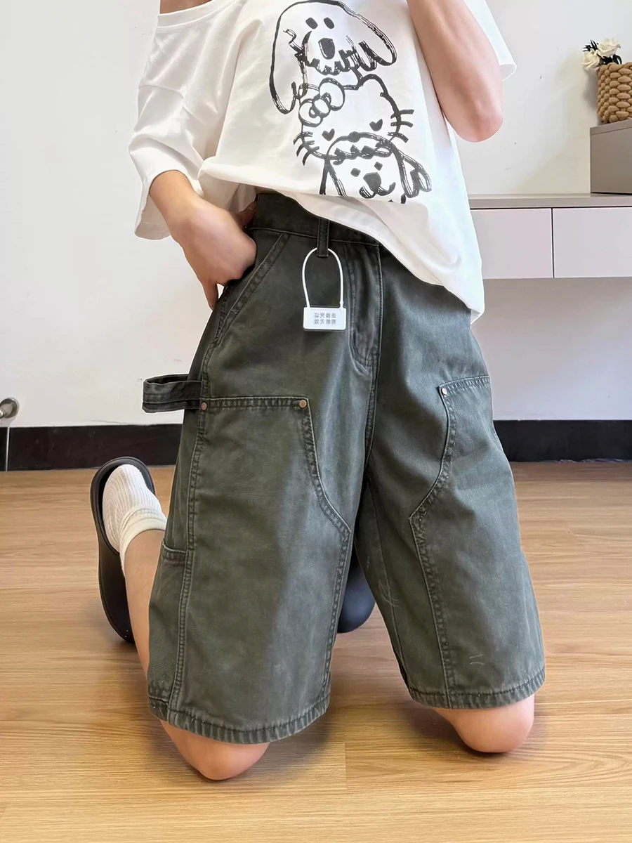 

Прямые джинсовые брюки больших размеров с высокой талией, женская рабочая одежда в американском стиле, летние утягивающие широкие брюки пяти четвертей