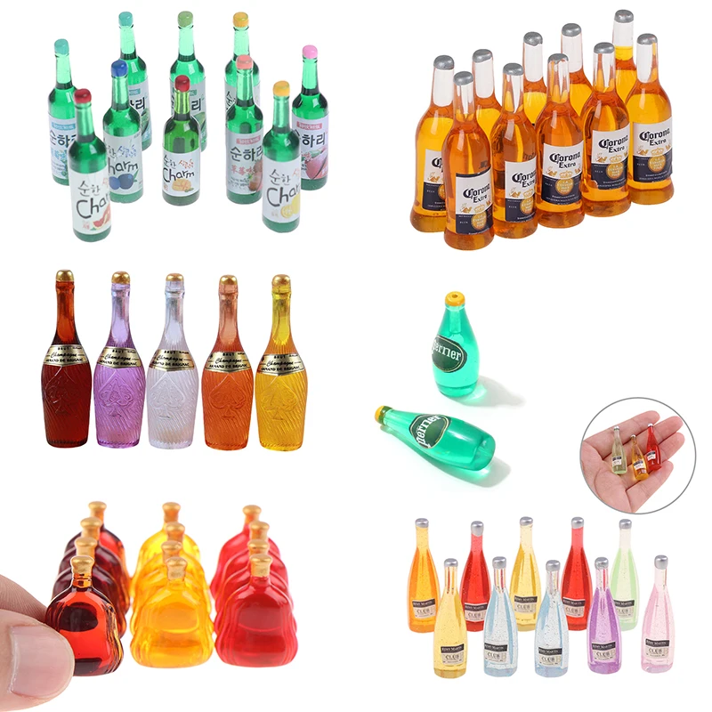 Mini botella de vino de simulación, juego de agua brillante, accesorios en miniatura para casa de muñecas, juguetes, 1/12, 10 unidades
