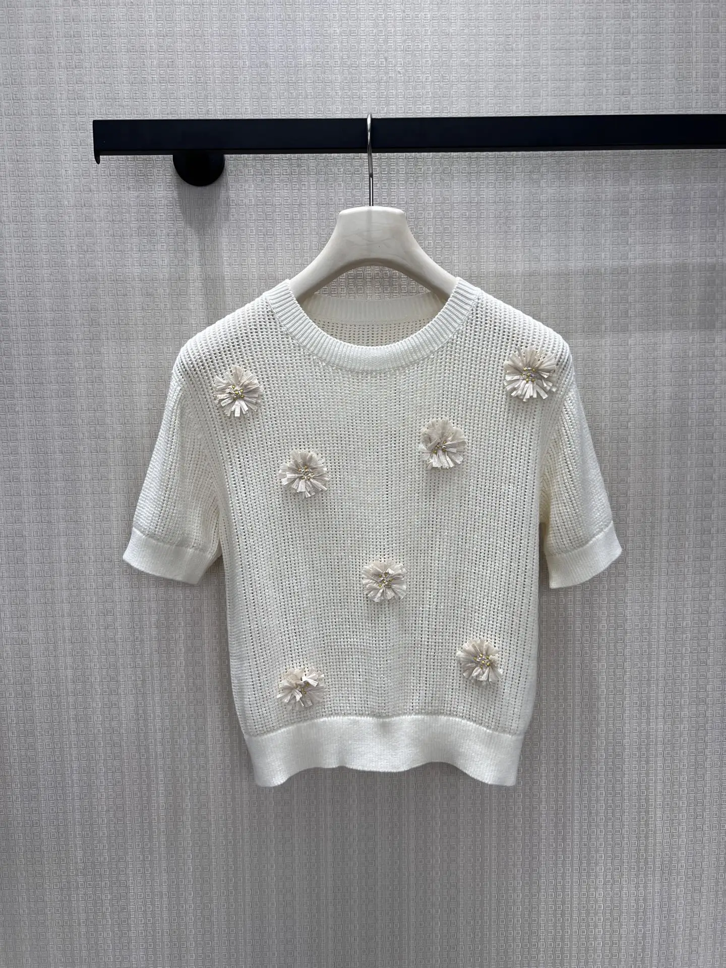 

Elegant Handmade Embroidered Short Sleeve Knitted Top for Women in Milk White Color 3D Floral Design Commute Style Loose Fit
