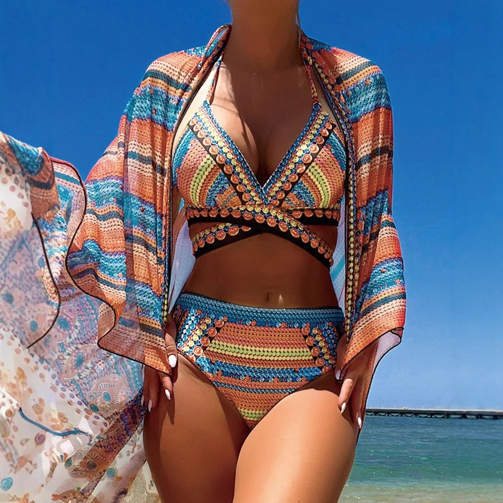 Three-Piece Swimsuit Beach Swimwear Cross-Strap High-Waist Swimsuit Set Bikini Women Summer Swimming Suit