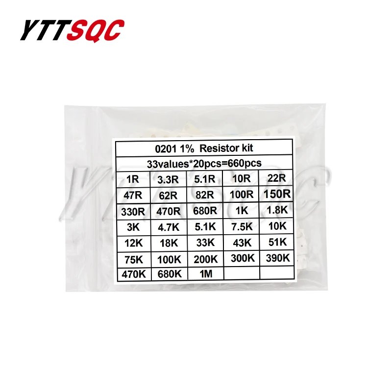 Jogo sortido da amostra do resistor de SMD, 1206, 0805, 0603, 0402, 0201, 1ohm-1m, ohm, 1%, 33 valores, 20 PCes = 660 PCes