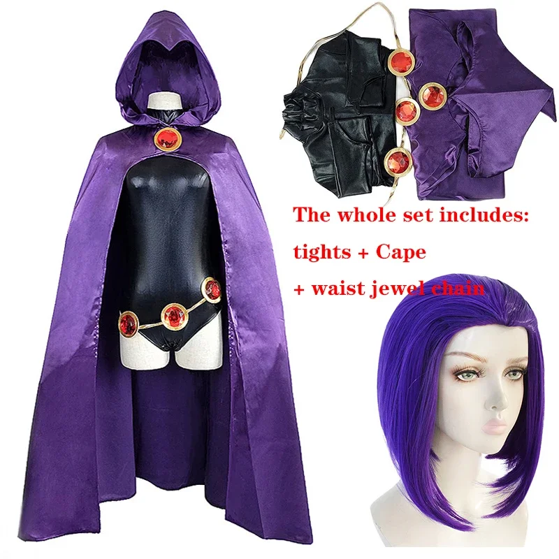 Teen Titans Raven Cosplay Costume Superhero Cloak Jumpsuits Zentai Halloween Tight clothes Cape waist jewelry chain