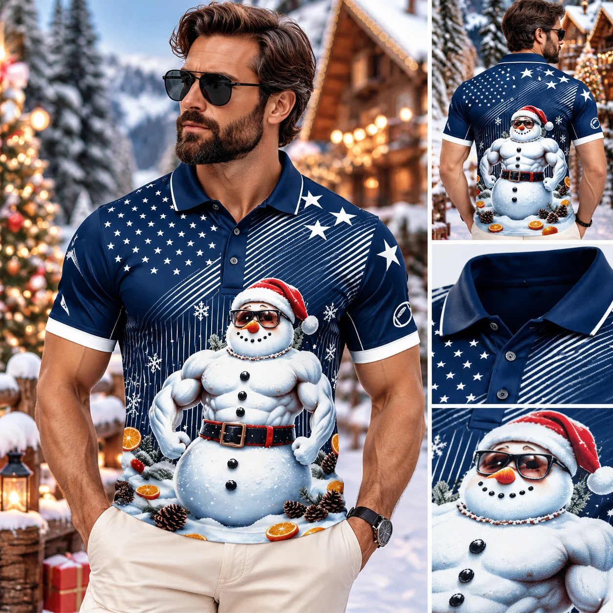Men Christmas Polo Shirt Muscle Snowman Design 3D Printed Polo Shirts Winter Snow Holiday Party Outfit Funny Xmas Gift Clothing