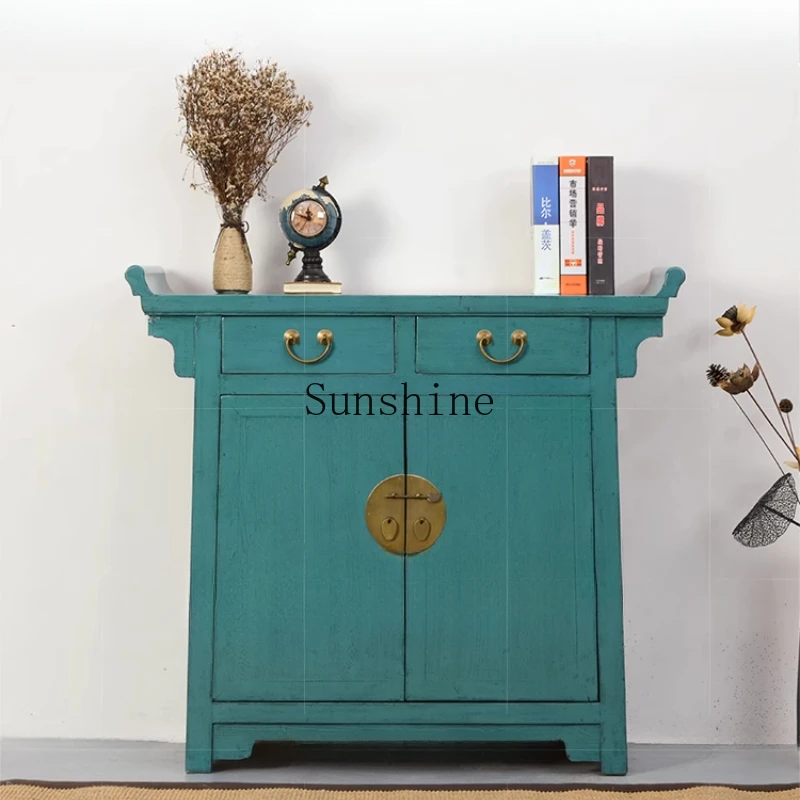 

New Chinese solid wood old warped head porch black and white blue locker simple wine cabinet