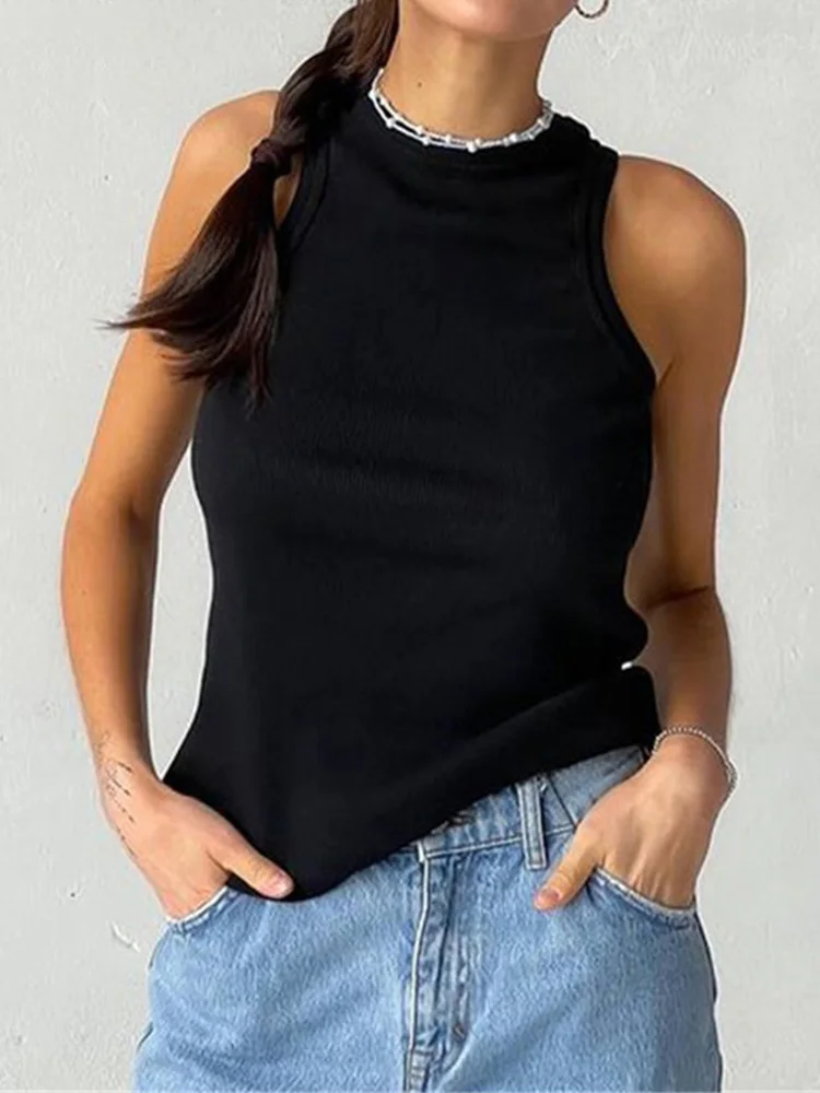 Ribbed Knitted Tops Neck Summer Basic Shirts White Black Casual Sport Vest Off Shoulder Green Women\'s Tank Top