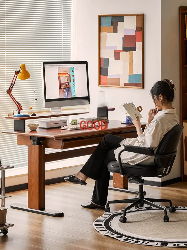 Bancada de madeira maciça retro levantamento elétrico, Smart Home Computer Desk, ajustável