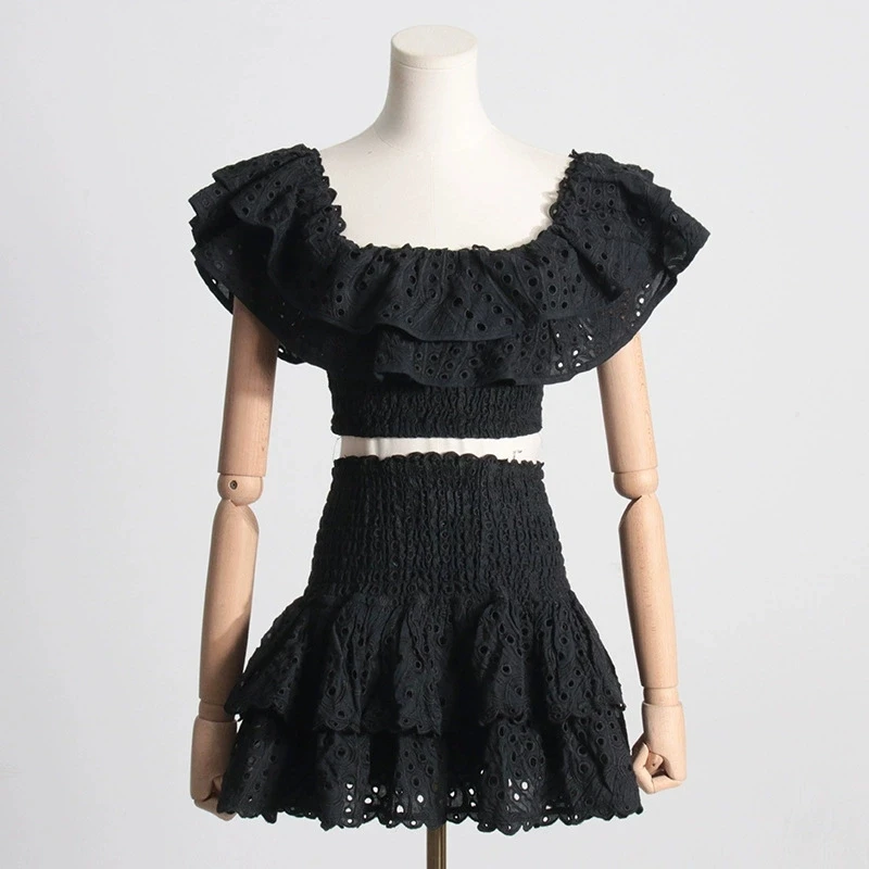 Temperament French Skirt Two Piece Set Women Sexy Hollow Out Ruffle Cropped Top High Waist A-line Mini Skirts 2 Piece Sets Trend