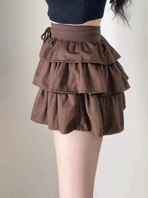 Jupe moelleuse plissée coréenne pour femmes, taille haute, Dstring gored, ligne a, jupe gâteau, tenue décontractée, jupe en fausse fourrure