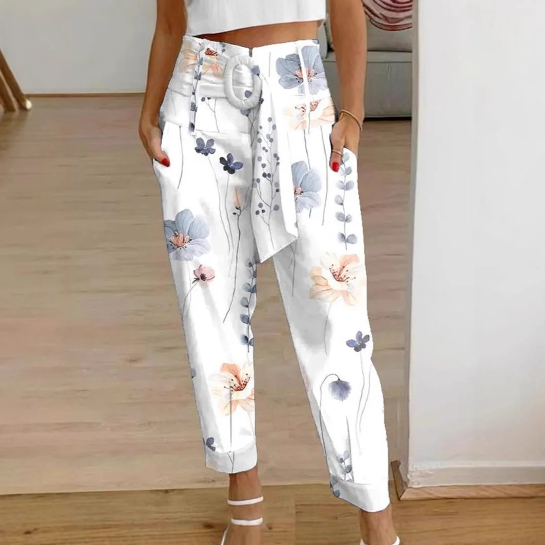 Pantalon décontracté en lin imprimé à lacets, nouvelle mode printemps et été 2025, vêtements pour femmes, taille moyenne, tempérament décontracté
