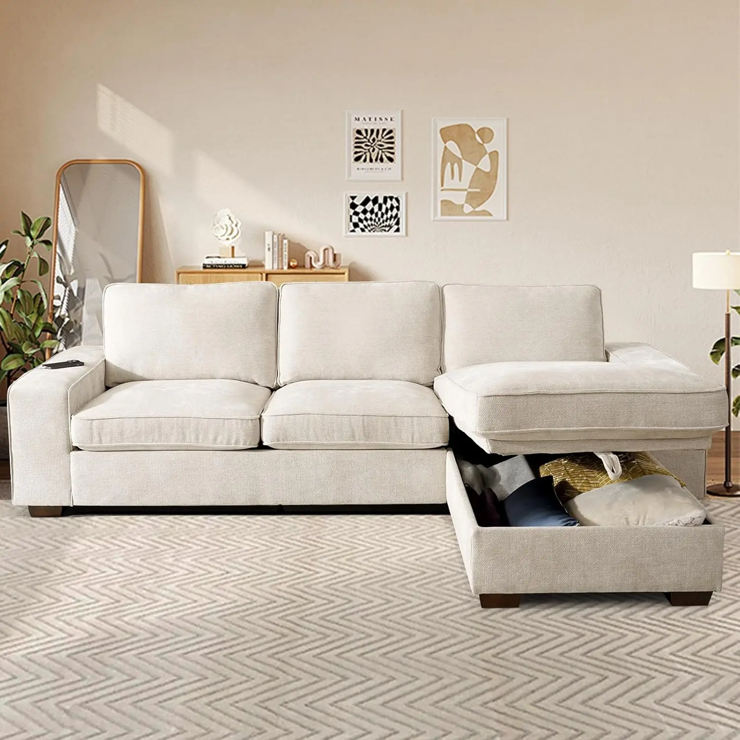 99” L-Shape Convertible Sectional Couches Sofas with 190L Storage Chaise,Chenilee Upholstered Sofas with Removable Cushion