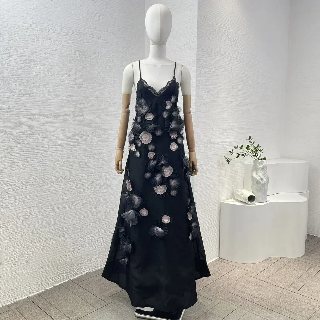 Silk Linen 2024 New Black Hollow Out Backless Pink Three Dimensional Flower Sleeveless Lace Patchwork Women Summer Maxi Dress