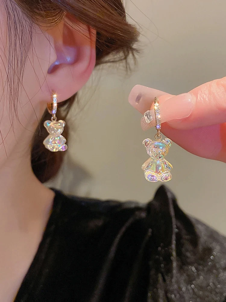 Cute Bear Earrings For Women Shiny Zircon Earrings 2024 New Trendy Golden Copper Drop Earring Party Wedding Jewelry Girls Gifts