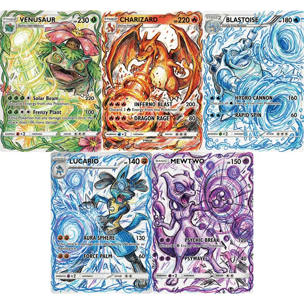 

Коллекционные карты Pokemon: Charizard, Blastoise, Venusaur, Mewtwo, Lucario в стиле Abstract Impact, голографические карты PTCG, подарок для покемоноволюбителей