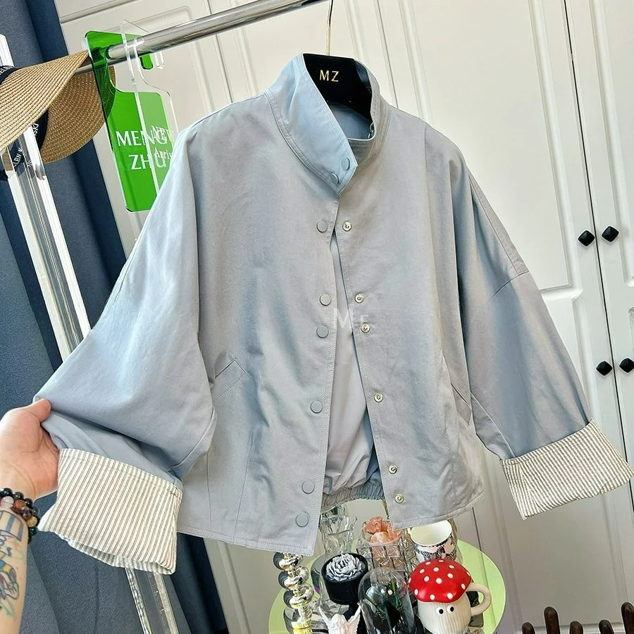 

Color Blocking Stand Up Collar Striped Splicing Casual Short Jacket Women's Fashion Stylish Versatile Top