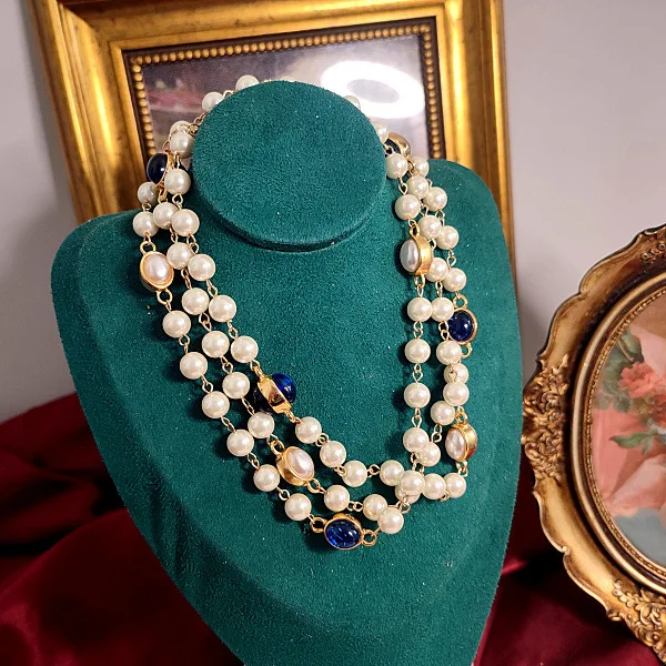 Vintage  Baroque Blue Simple Double-Sided Imitation Pearl Colored Glaze Layer Necklace Sweater Chain Women's Waist Chain