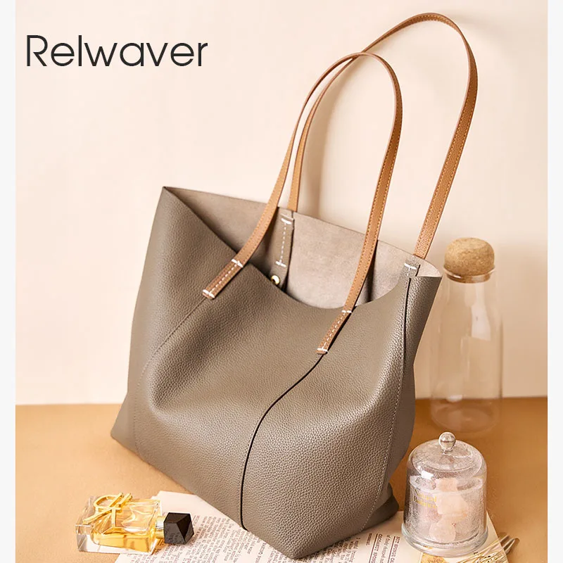 Relwaver-sacola de couro genuíno feminina, bolsa de couro de camada superior, bolsa de ombro, bolsa feminina grande e macia, outono e inverno, 2022