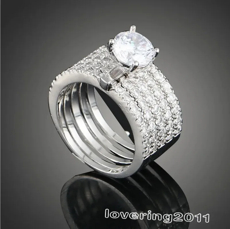 Luxury 5 Rows Lab Diamond Ring 10KT White Gold Filled Engagement Wedding Band Rings Set for Women Men Promise Jewelry