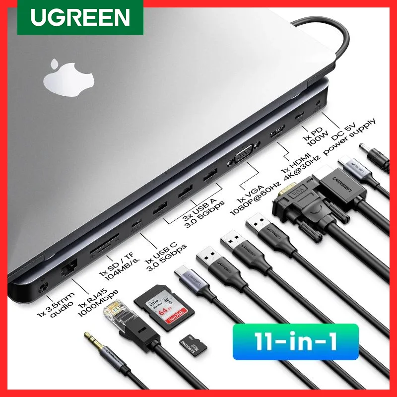 UGREEN USB C Docking Station 11-in-1 HUB USB C to HDMI 4K VGA RJ45 PD 100W SD TF 3.5 For MacBook Pro Air M1 Laptop Dock USB HUB