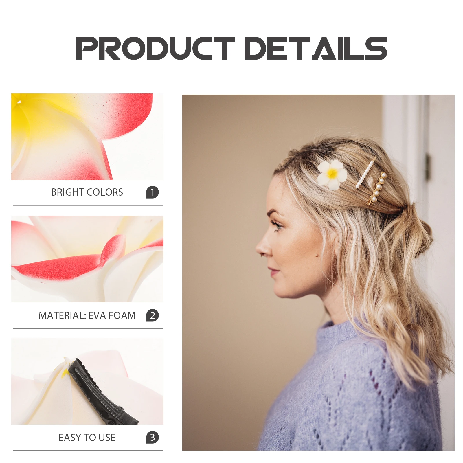 

10pcs Plumeria Hairpins Hawaiian Artificial Flower Hair Clips Eva Foam Soft Non-Toxic Eco-Friendly Lightweight Comfortable Easy